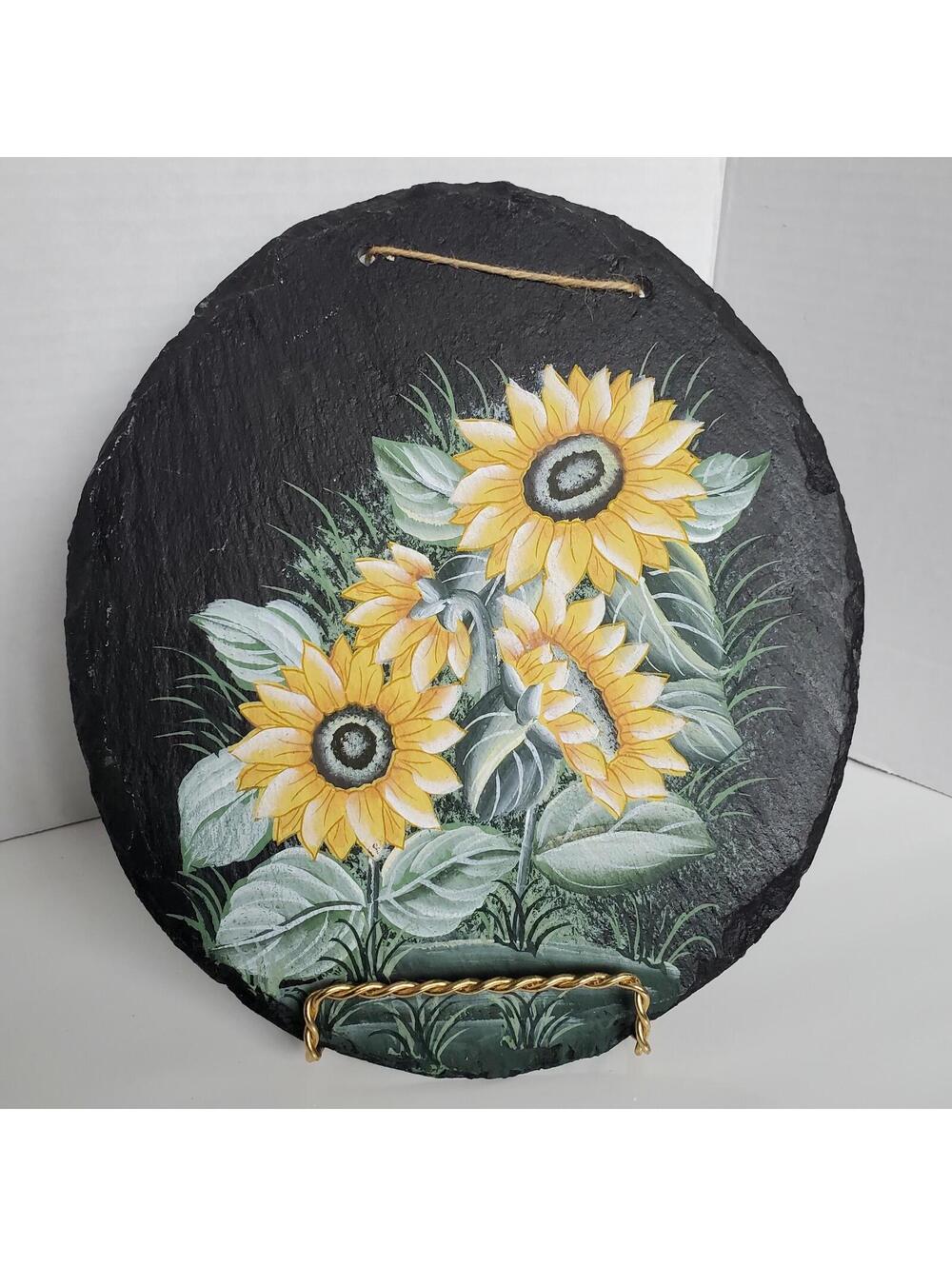 Sunflowers & Greenery Handpainted Black Slate Wall Hanging Art Unsigned 10” X 8”